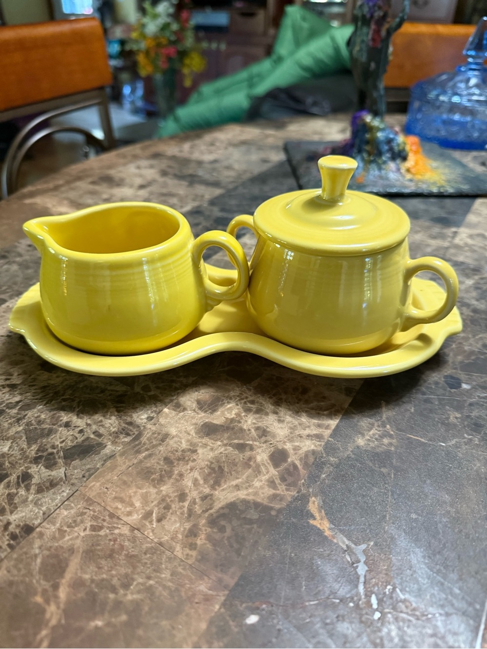 Fiesta Fiestaware Yellow Cream & Sugar Set w/ Figure 8 Tray 4 Piece